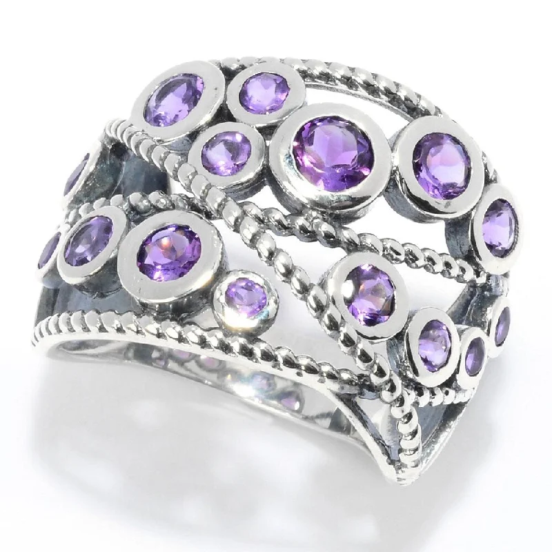 minimalist summit ridge ring-Sterling Silver Round Amethyst Beaded Wide Band Ring