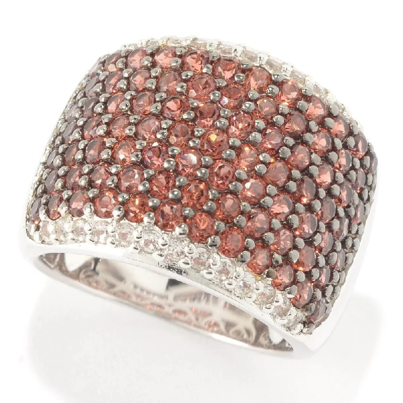 nature-themed ridge crest ring-Sterling Silver Round Garnet and White Topaz Wide Band Ring