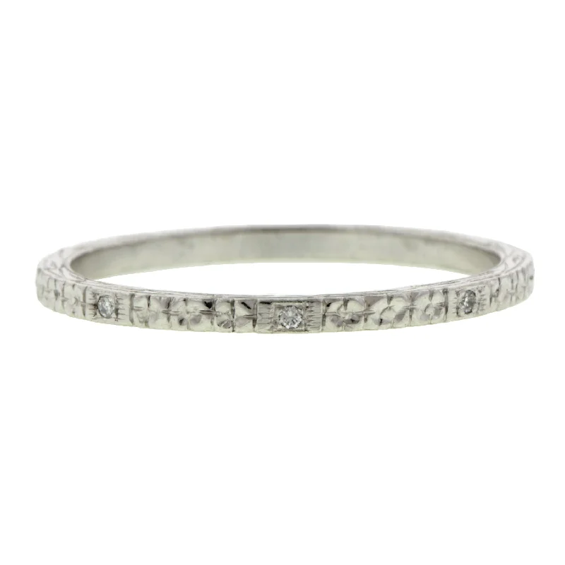 vintage-inspired ruby ring-Thin Engraved Diamond  Band Platinum