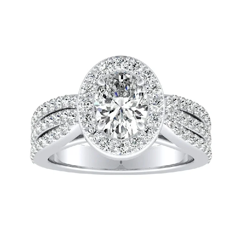 modern contoured band ring-Triple Band Oval-cut Halo Diamond Engagement Ring 1 carat TW 18k Gold by Auriya