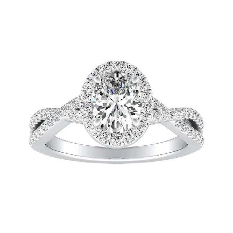 minimalist ridge peak ring-Twisted Oval-cut 3/4ctw Halo Diamond Engagement Ring 18k Gold by Auriya (H-I, SI1-SI2)