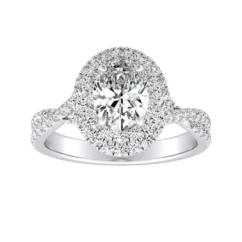 modern stellar diamond ring-Twisted Oval Shape 1ctw Double Halo Diamond Engagement Ring 18k Gold by Auriya