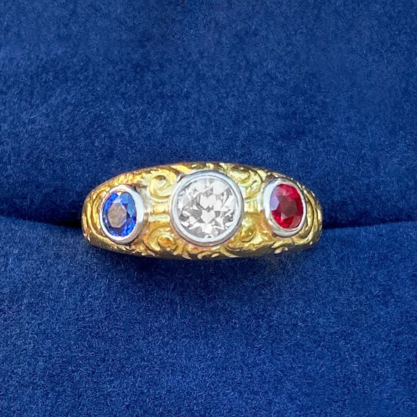 inscribed tradition ring-Victorian Diamond, Ruby & Sapphire Ring, Old Euro 0.48ct.