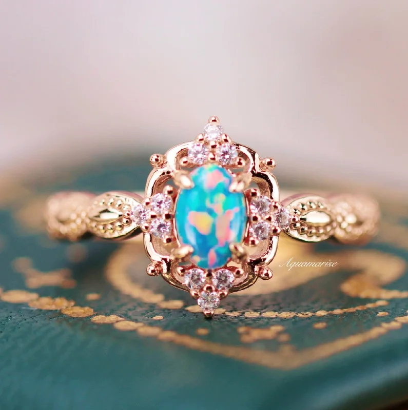 tarnished silver ring-Vintage Blue Fire Opal Engagement Ring- 14K Solid Rose Gold