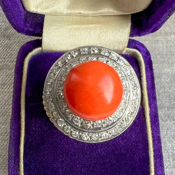 bold ruby summit peak ring-Vintage Coral & Diamond Ring