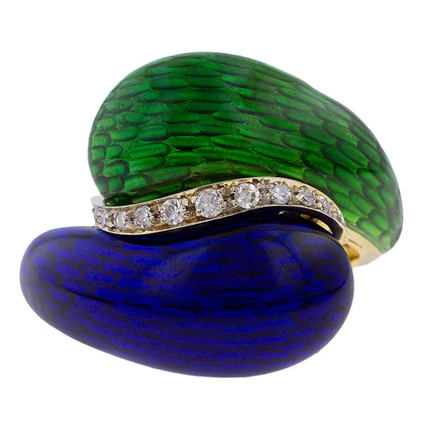 raw jade accent ring-Vintage Enamel & Diamond Ring