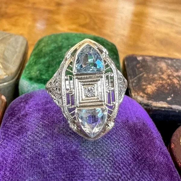 Vintage Filigree Diamond & Aquamarine Ring