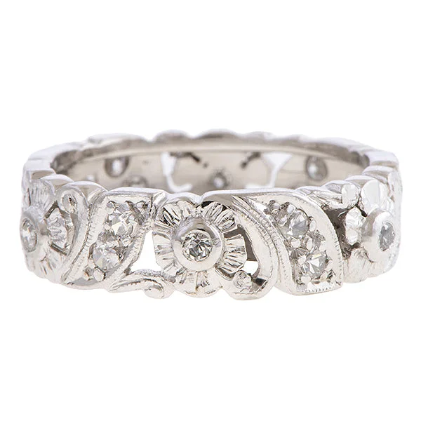 modern sleek peak ridge ring-Vintage Patterned Diamond Eternity Band, Size 7