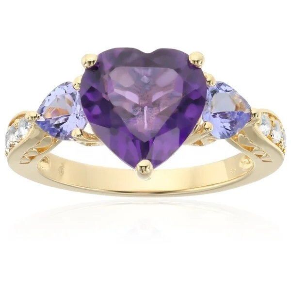 tarnished gold band ring-Yellow Gold-plated Silver Amethyst, Tanzanite 3-stone Heart Ring, Sz 7 - Purple