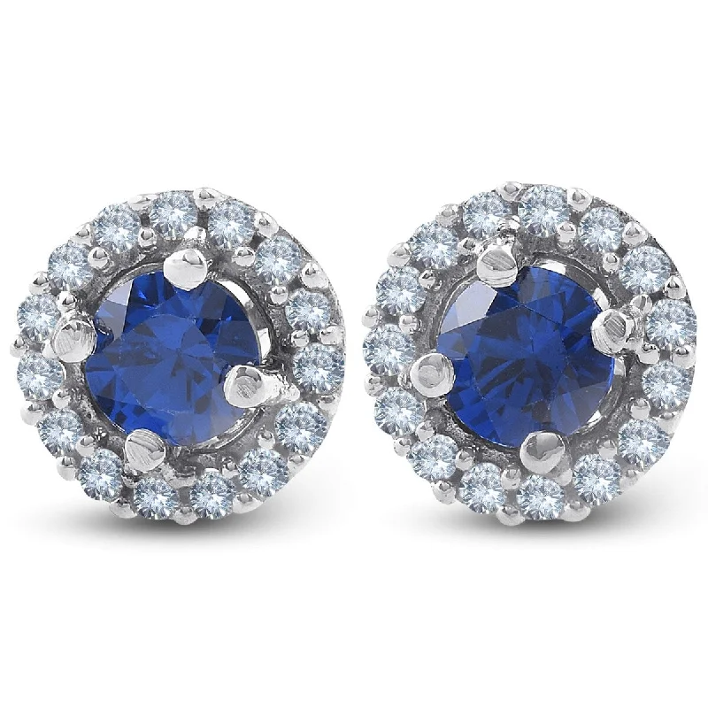 vintage-style turquoise earrings-1/4 Ct Blue Sapphire & Diamond Halo Studs 10k White Gold