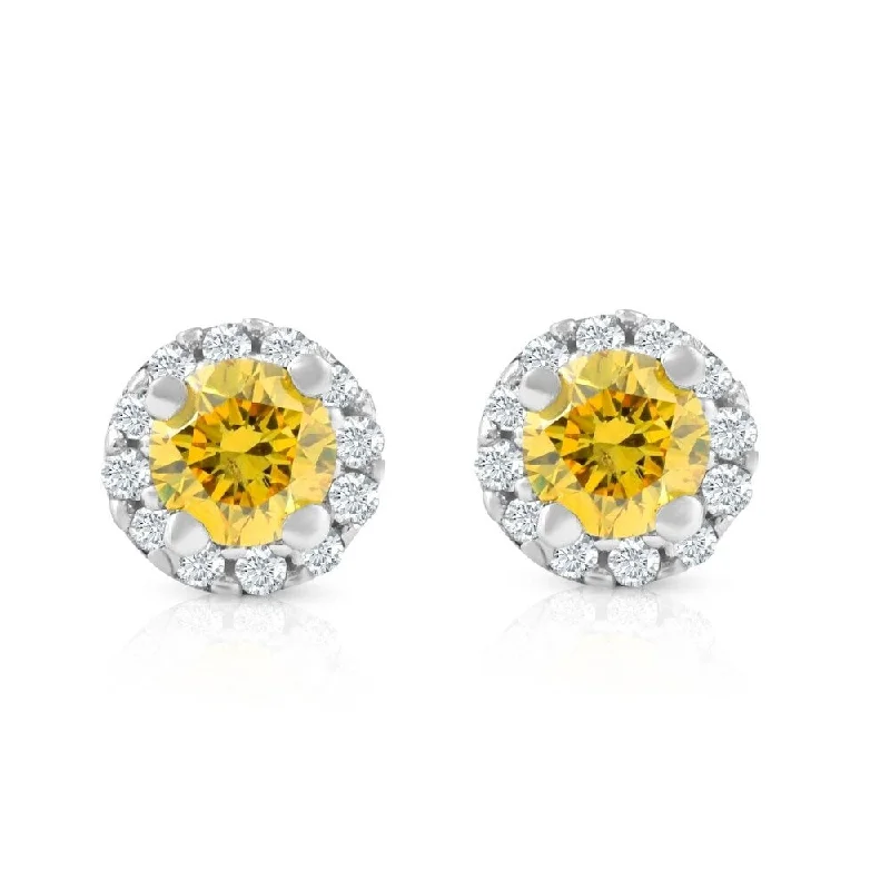 adjustable peak summit earrings-1/4 Ct Halo Fancy Yellow Lab Grown Diamond Studs 10K White Gold