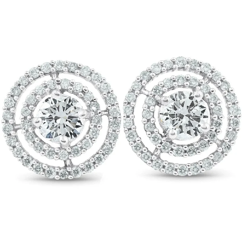 bohemian summit ridge earrings-10k White Gold 1 3/4 Ct TDW Diamond Double Halo Studs Womens Earrings