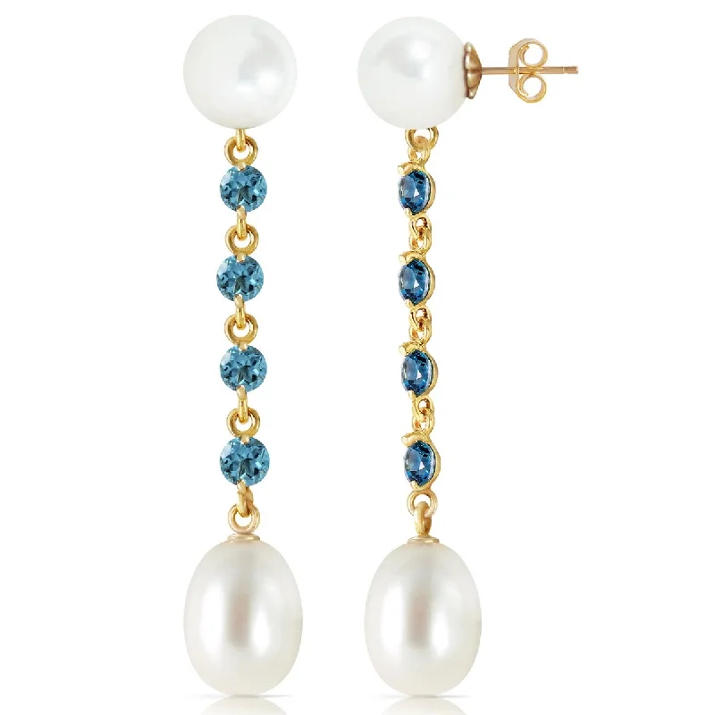 bohemian peak summit earrings-14K Solid Gold Chandelier Blue Topaz & Pearl Gemstone Earrings