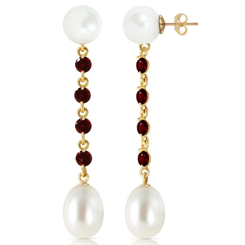 inscribed unity drop earrings-14K Solid Gold Chandelier Gemstone Earrings w/ Garnets & Pearls