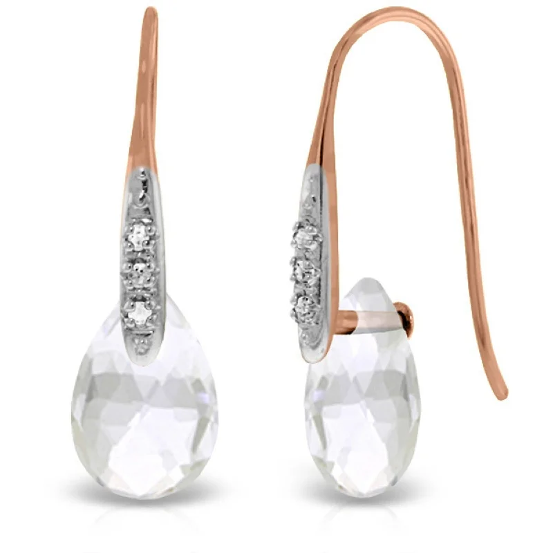 artisan-crafted gold earrings-14K Solid Gold Earrings w/ Diamonds & Dangling Briolette White Topaz