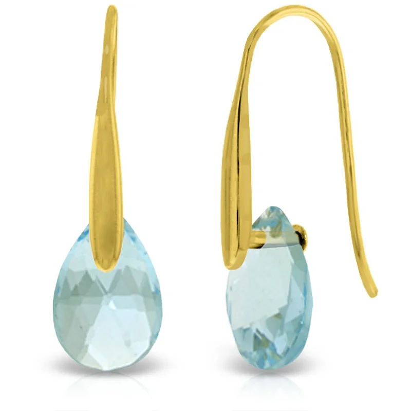 tarnished gold hoop earrings-14K Solid Gold Fish Hook Earrings w/ Dangling Briolette Blue Topaz