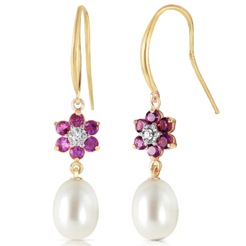 adjustable ridge crest earrings-14K Solid Gold Fish Hook Earrings w/ Diamonds, Amethysts & Pearls