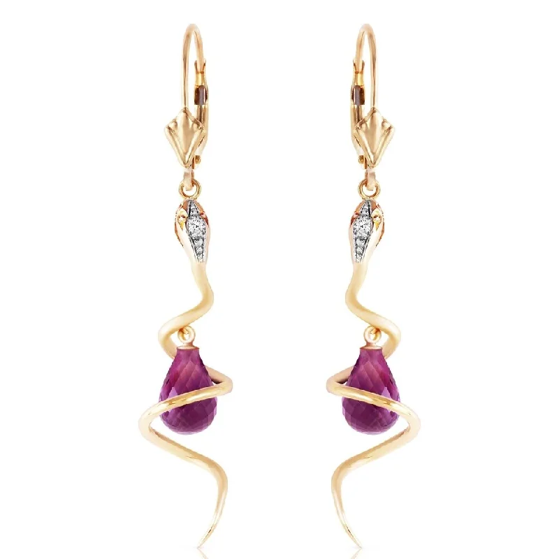 vintage-style emerald earrings-14K Solid Gold Snake Earrings with Dangling Briolette Amethysts & Diamonds