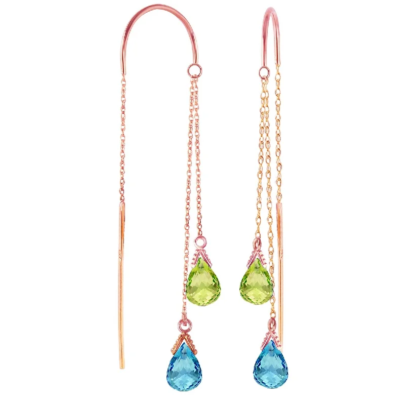 minimalist peak crest earrings-14K Solid Gold Threaded Dangle Earrings w/ Blue Topaz & Peridots