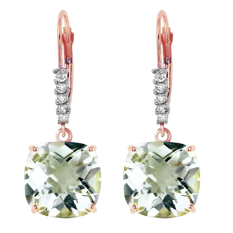 vintage-style opal earrings-14K Solid Rose Gold Leverback Earrings Diamond & Green Amethyst