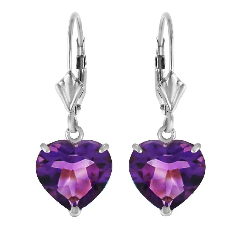 bold emerald prong earrings-14K Solid White Gold Leverback Earrings Natural 10mm Heart Amethysts