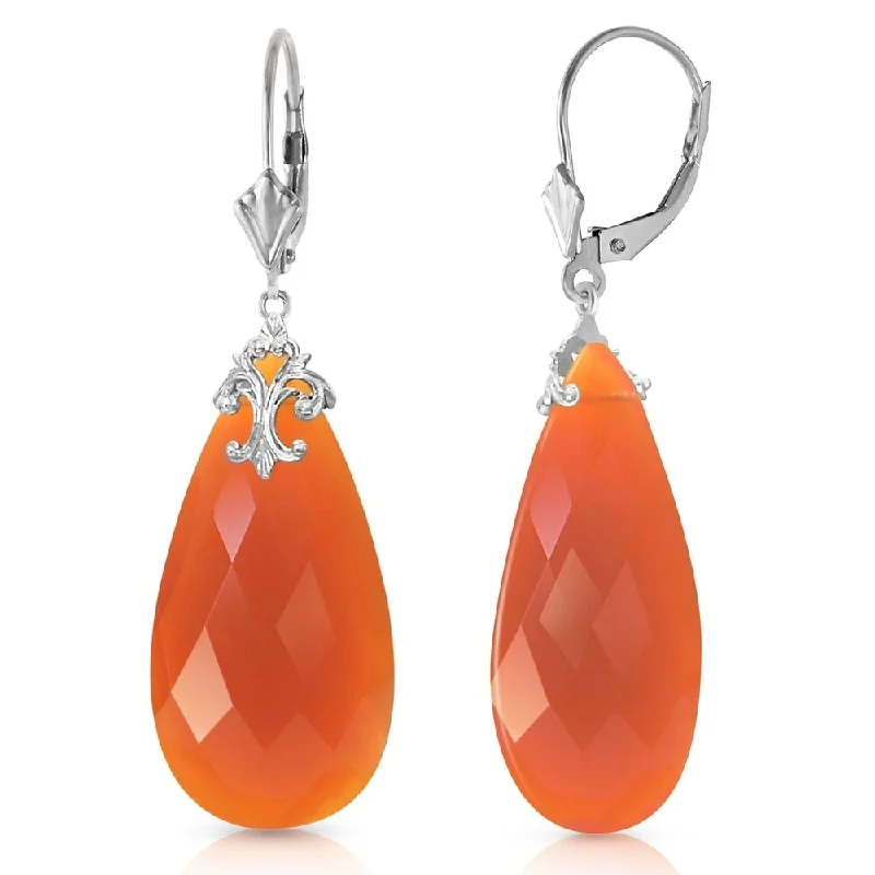 bold emerald summit peak earrings-14K Solid White Gold Leverback Earrings with Briolette 31x16 mm Reddish Orange Chalcedony