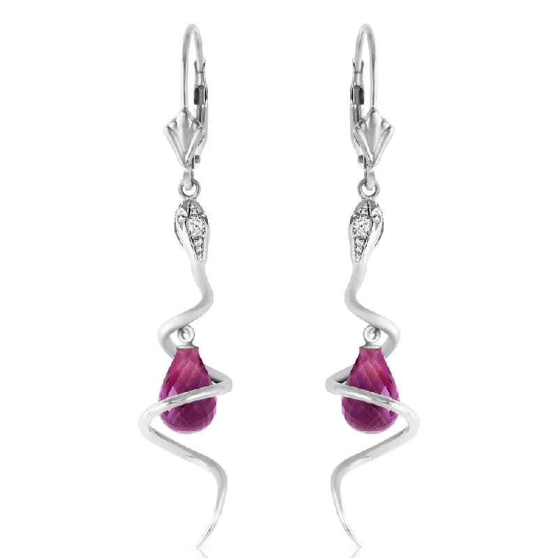 modern sleek ridge summit earrings-14K Solid White Gold Snake Earrings with Dangling Briolette Amethysts & Diamonds