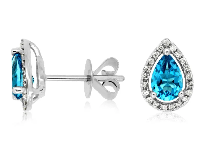 art deco amethyst earrings-14K White Gold .12ctw Diamond and 1ctw Pear Shape Blue Topaz Halo Earrings (97937)