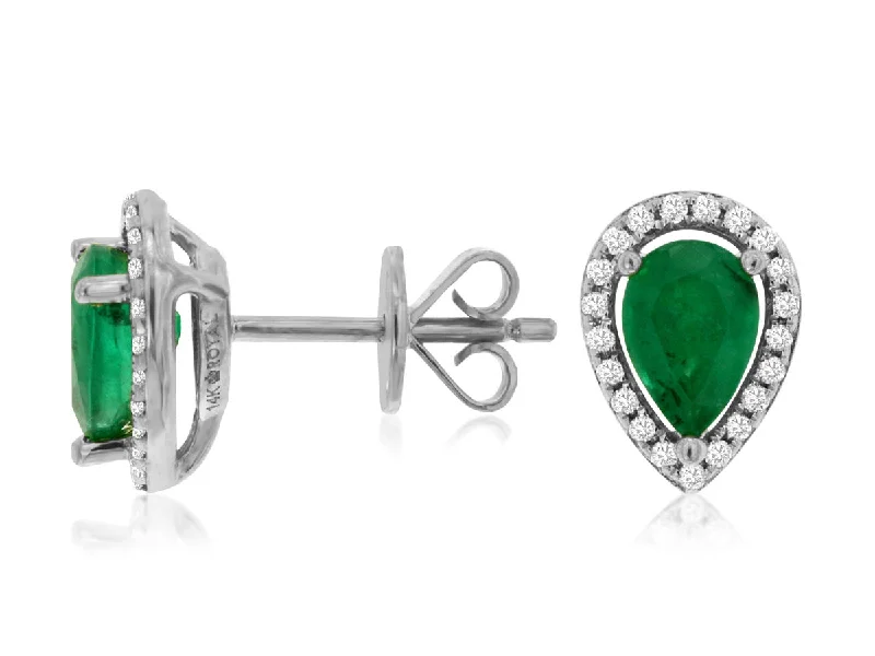 minimalist arc ridge earrings-14K White Gold .12ctw Diamond and .75ctw Pear Shape Emerald Halo Earrings (97934)