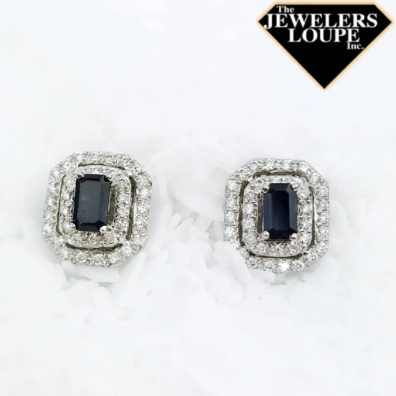 bold topaz summit peak earrings-14K White Gold .35ctw Diamond and .65ctw Sapphire Double Halo Earrings (84688)