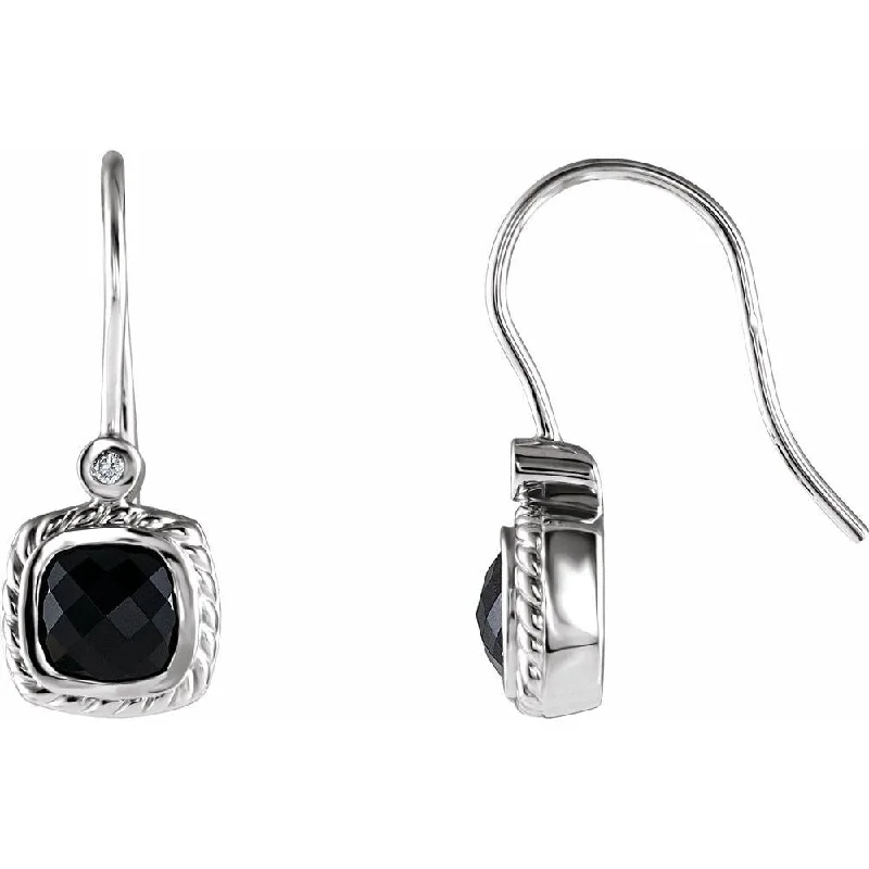 modern sleek ridge summit earrings-14k White Gold Onyx & .03 CT Diamond Rope Design Dangle Earring for Women