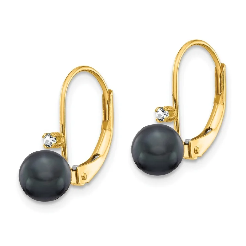 matte gold tier earrings-14k Yellow Gold 5mm Black Pearl AA Diamond Lever back Earrings (L-15 mm, W-5 mm)