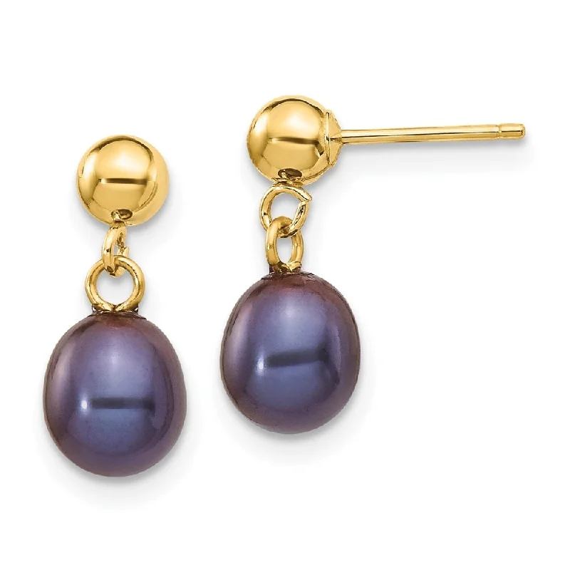 inscribed tradition stud earrings-14k Yellow Gold 6-7mm Black Pearl Dangle Earrings (L-14 mm, W-7 mm)