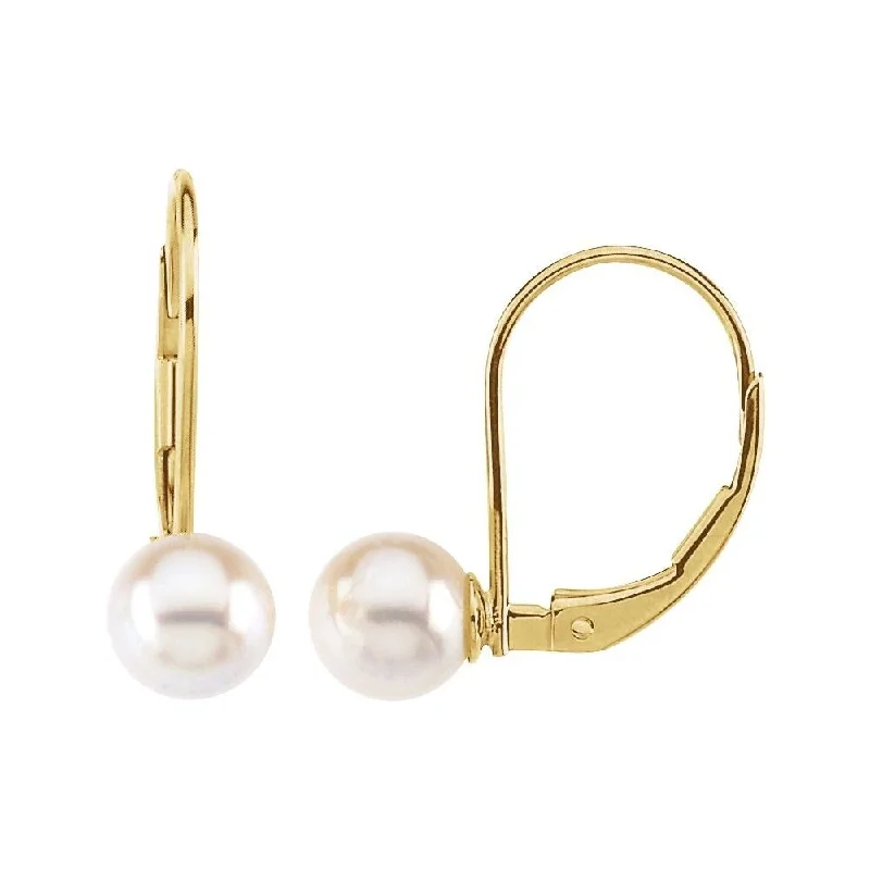 minimalist peak crest earrings-14k Yellow Gold 6 mm Round Akoya Cultured Pearl Lever Back Dangle Earring for Women