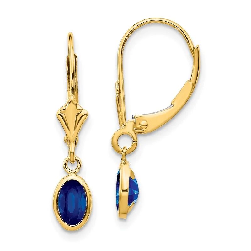 gothic-inspired panther claw earrings-14k Yellow Gold 6x4 Oval Bezel September Gemstone Lever back Earrings (L-23 mm, W-4 mm)