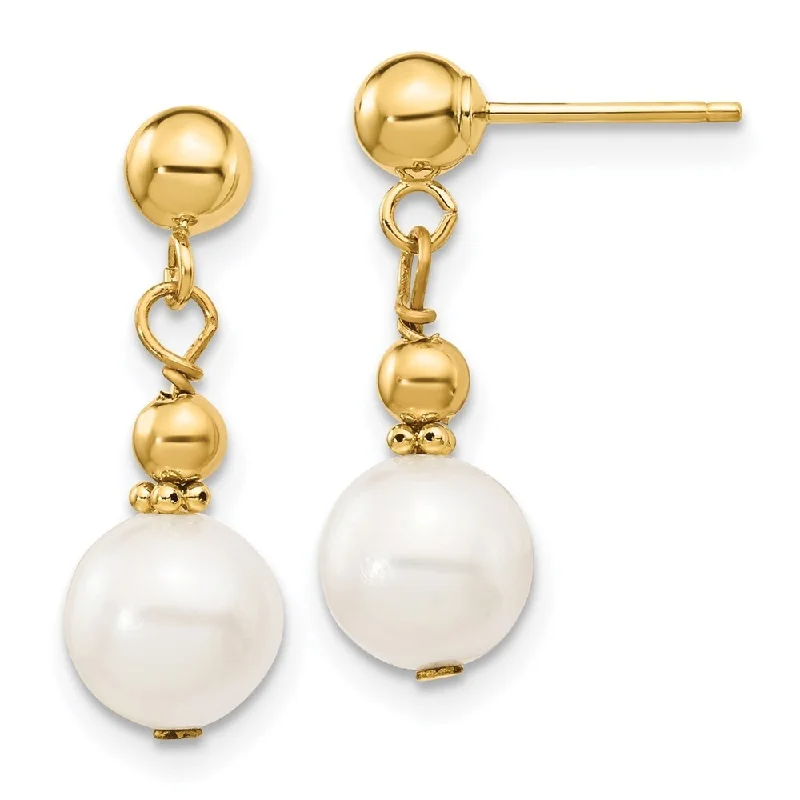 gothic-inspired eagle claw earrings-14K Yellow Gold 7-8mm White Semi-round Freshwater Cultured Pearl Dangle Post Earrings