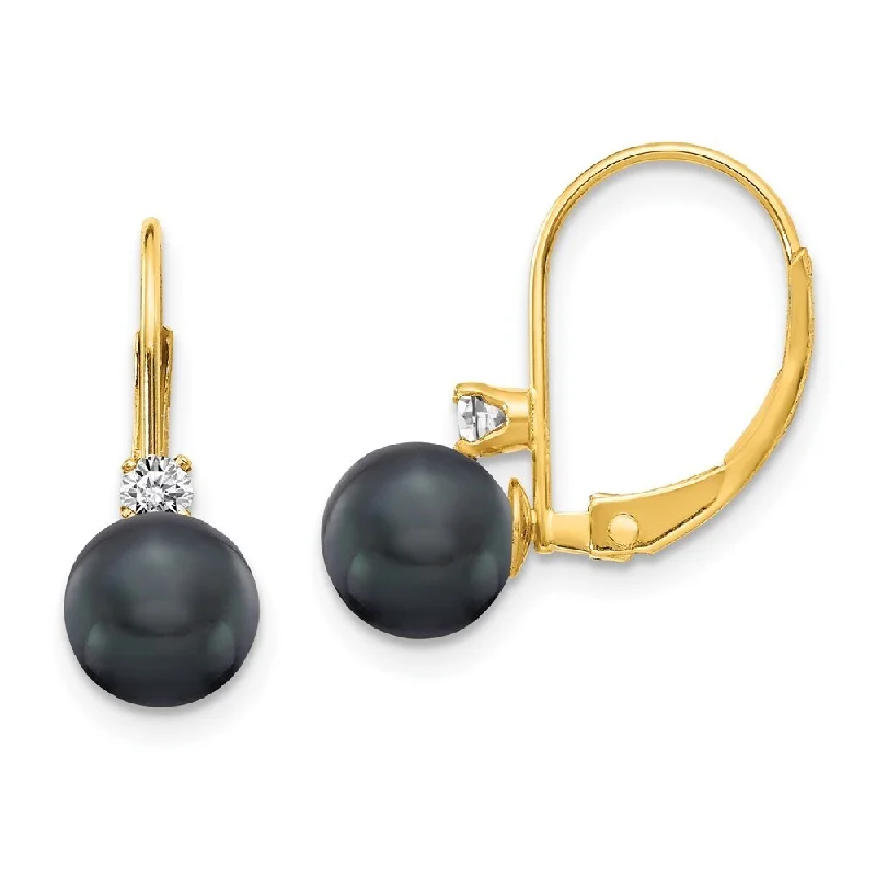 matte rose tier earrings-14k Yellow Gold Black Pearl AA Diamond Lever back Earring (L-15 mm, W-6 mm)