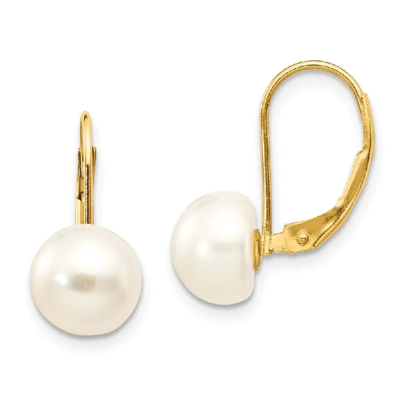 matte gold tier earrings-14k Yellow Gold Button Pearl Dangle Earrings w/ Leverback (L-19 mm, W-8.5 mm)