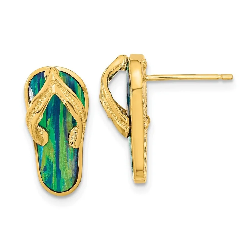 nature-themed branch crest earrings-14k Yellow Gold Created Blue Gemstone Flip Flop Earrings (L-16 mm, W-8 mm)