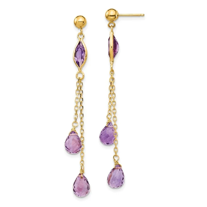 floral eternity sapphire earrings-14k Yellow Gold Gemstone Dangle Earrings (L-52 mm, W-5 mm)