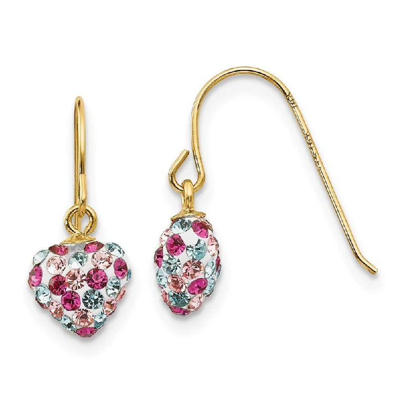 tarnished rose stack earrings-14k Yellow Gold Multi-colored Crystal Heart Dangle Earrings (L-15 mm, W-6 mm)