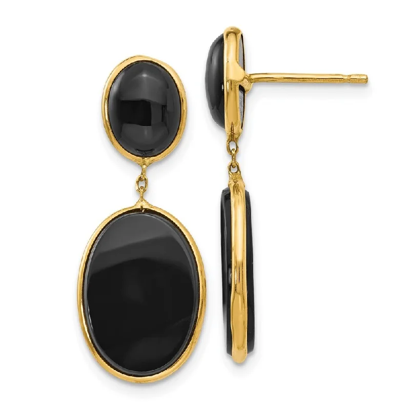 nature-themed ridge peak earrings-14k Yellow Gold Onyx Oval Dangle Earrings (L-31 mm, W-11 mm)