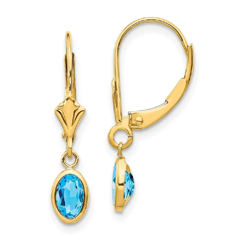 vintage-style emerald earrings-14k Yellow Gold Oval Bezel December Blue Gemstone Drop Earrings w/ Leverback (L-23 mm, W-4 mm)