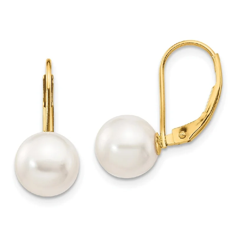 adjustable ridge summit earrings-14k Yellow Gold Round White Saltwater Akoya Pearl Lever back Ear (L-8 mm, W-9 mm)