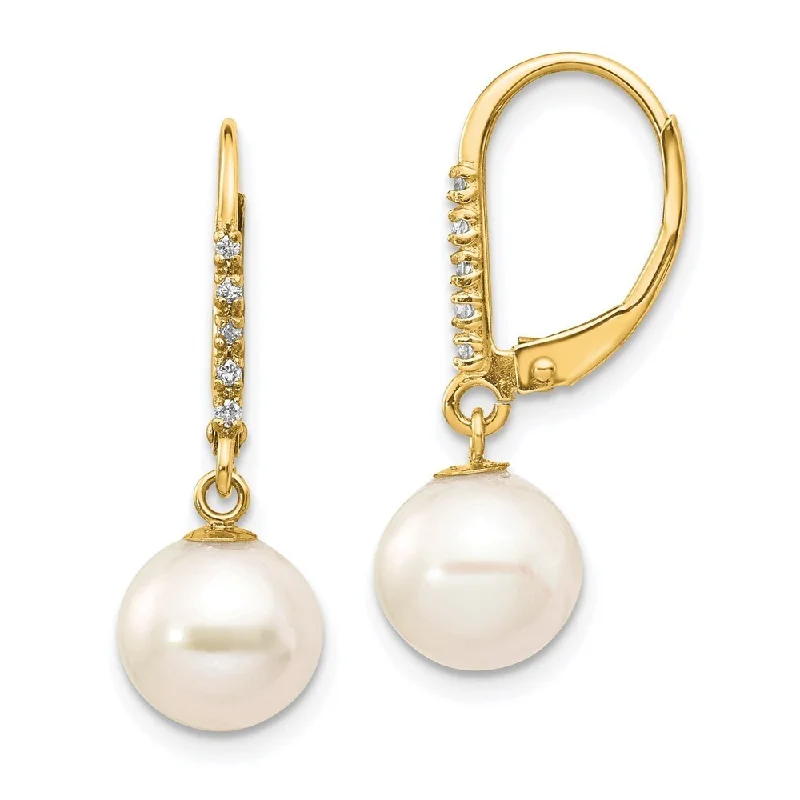 matte rose tier earrings-14k Yellow Gold White FWC Pearl .05ct Diamond Lever back Earrings (L-8 mm, W-9 mm)