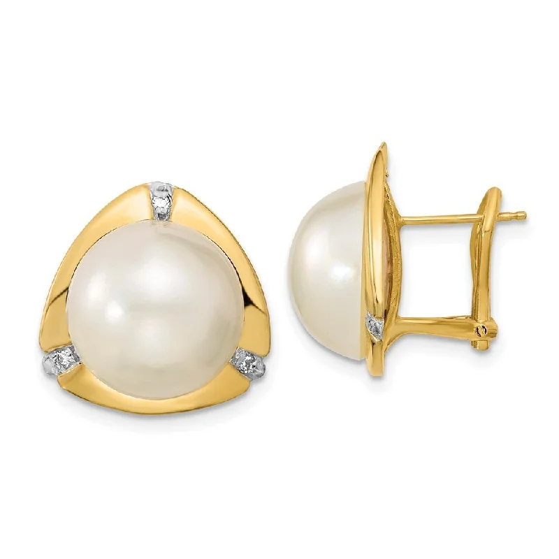 raw ruby accent earrings-14k Yellow Gold White Mabe FWC Pearl .06ct Diamond Omega Back Earrings (L-12 mm, W-13 mm)