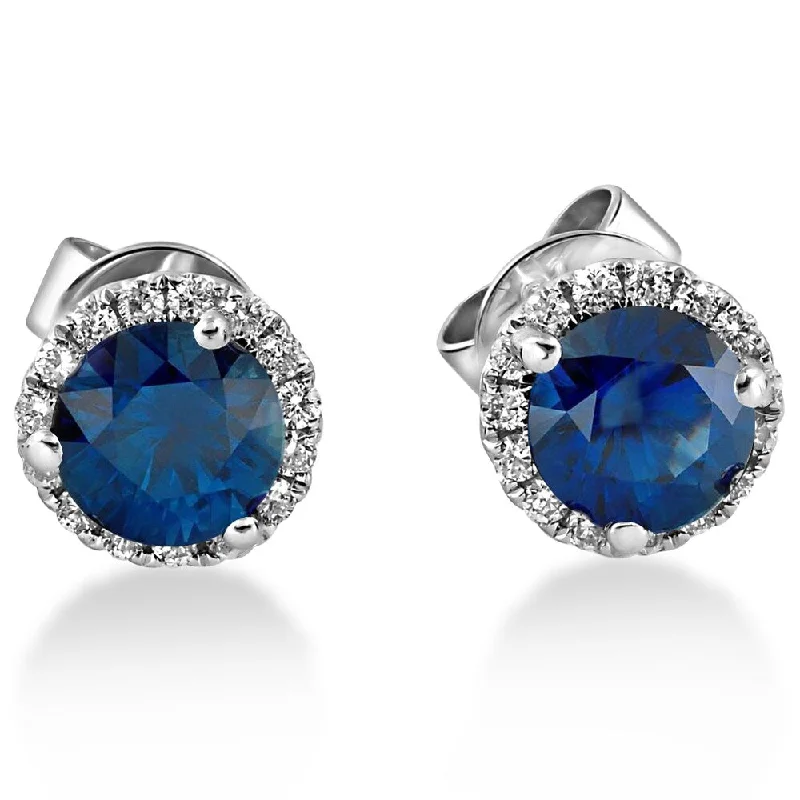 minimalist curve peak earrings-18k White Gold 1 ct TDW Diamond Blue Sapphire Halo Studs (F-G,SI1-SI2)