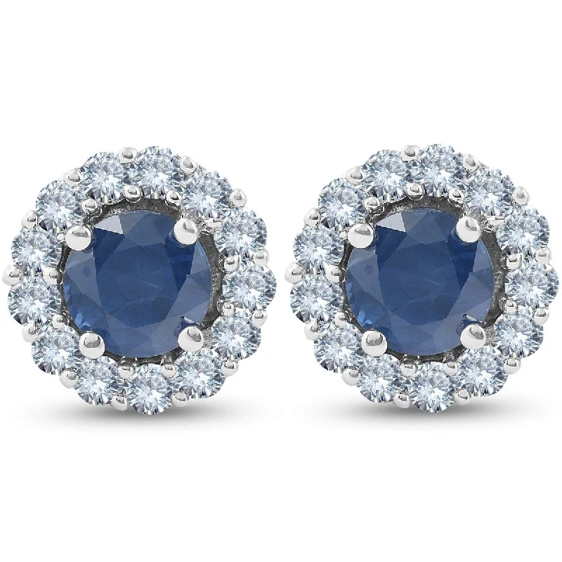 minimalist ridge peak earrings-2 1/5 Ct Halo Diamond & Blue Sapphire Studs 14k White Gold