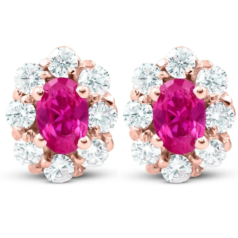 bohemian crest peak earrings-3.10 Ct Pink Topaz & Diamond Halo Studs 14k Rose Gold Lab Grown