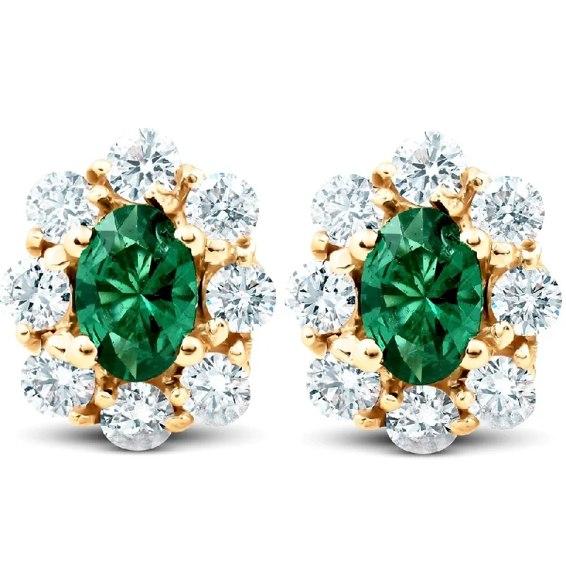 vintage-inspired emerald earrings-3.10Ct Emerald & Diamond Halo Studs 14k Yellow Gold Lab Grown